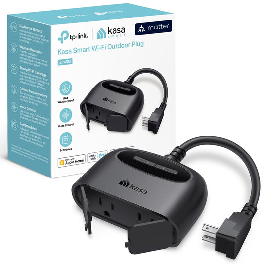 TP-Link Kasa Matter Smart Outdoor Plug, Dual Outlet, IP64 Weather Resistance, Works with Apple HomeKit, Amazon Alexa, Google Home, SmartThings, 15A/1800W Max, ETL Certified, 2.4G Wi-Fi Only (EP40M)