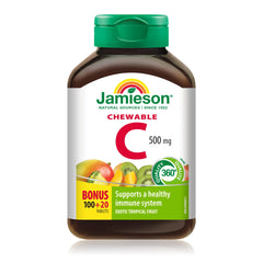 Jamieson Chewable Vitamin C 500 mg Tropical Fruit Flavour, Supports Immune Health, Strong Teeth and Bones. Family Friendly (4+), Vegetarian, Non-GMO, Gluten-Free, No Artificial Flavours, Colours, or Preservatives, 120 Count, Proudly Canadian