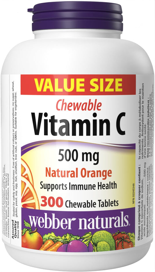 Webber Naturals Vitamin C Chewbale 500 mg, 300 Orange Flavour Tablets, For Bones, Teeth, Immune and Antioxidant Health