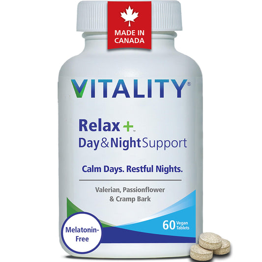 VITALITY Relax - Herbal Sleep Aid & Natural Relaxant, Tension & Stress Relief Support for Day & Night - Valerian Root, Passionflower, Melatonin-Free, Canadian Made, 60 Vegan Tablets