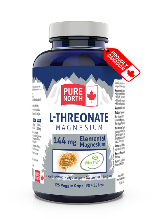 Pure North Naturals - Magnesium L-Threonate (90+35 Capsules) 41-Day Supply - Elemental Magnesium - Maintain Proper Muscle Function, Bone & Teeth Health - 3rd Party Tested - Formulated & Made in Canada