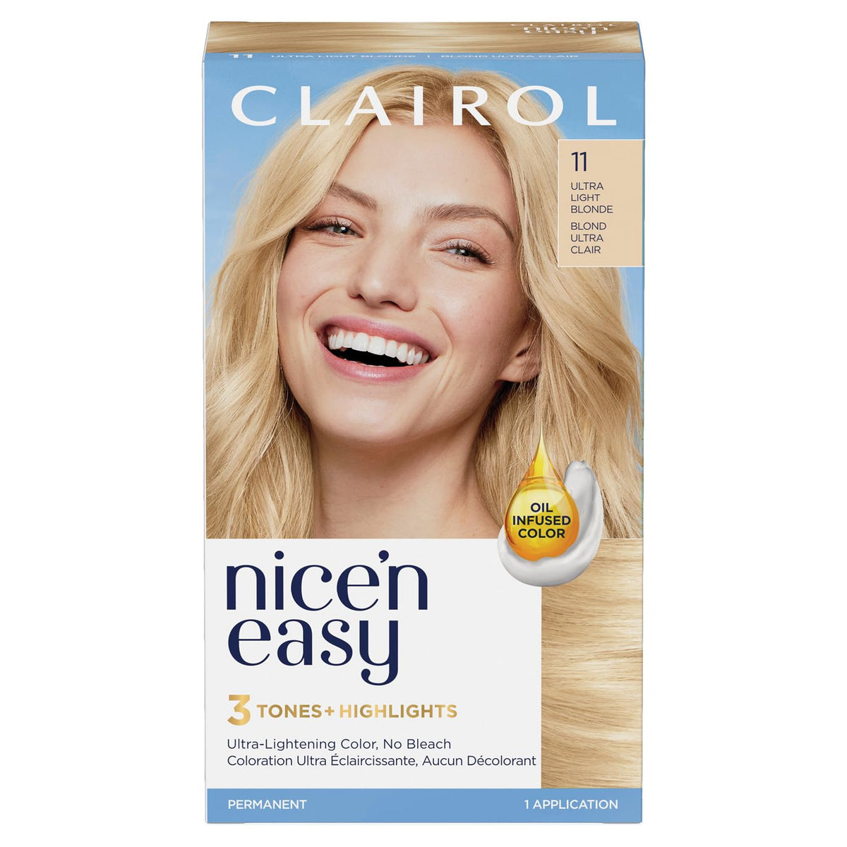 Clairol Nice'n Easy Permanent Hair Dye, 11 Ultra Light Blonde | 100% Grey Coverage | Long‑Lasting, Natural‑Looking Colour & Shine |Pack of 1