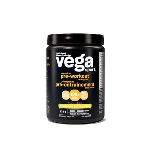 Vega Sport Sugar Free Pre-Workout Energizer, Lemon Lime (40 Servings) Vegan Preworkout Energy Powder, Gluten Free, 100mg Caffeine, Non GMO, 136g (Packaging May Vary)