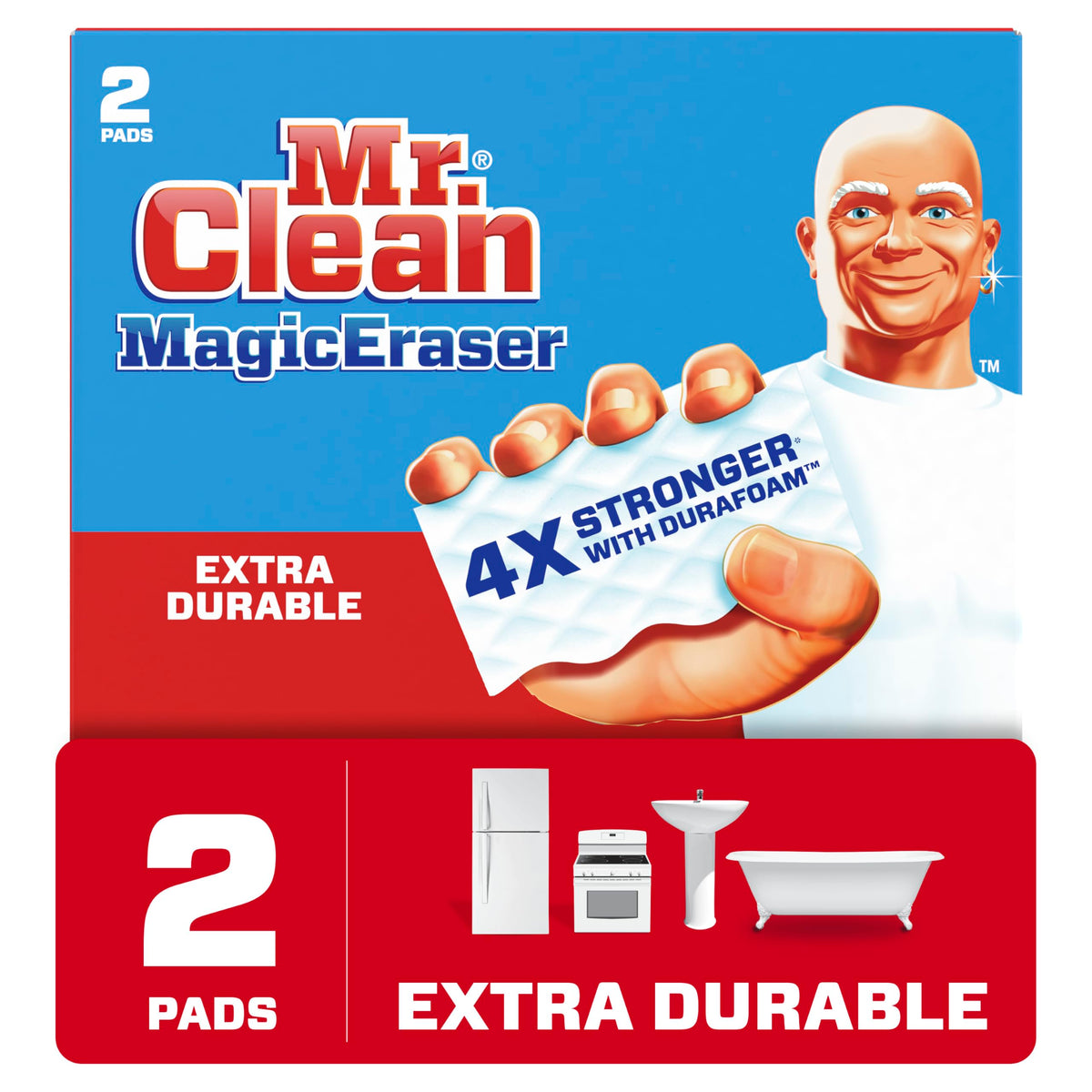 Mr. Clean Magic Erasers Extra Power, Bathroom, Shower, and Oven Cleaner, Cleaning Pads with Durafoam, 2 Count