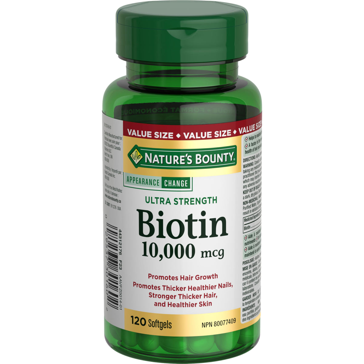 NATURE'S BOUNTY Biotin, Ultra Strength, 10,000 mcg, Promotes Hair Growth, Thicker Healthier Nails, Stronger Thicker Hair & Healthier Skin, Helps Metabolize Nutrients, Softgels, 55.4 g
