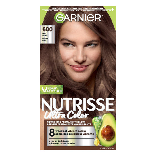 Garnier Nutrisse Ultra Color, Permanent Hair Dye, Vibrant Long-Lasting Colour, Vegan Formula, Nourished Hair, Protects Hair Against Dryness, 600 Light Brown, 1 Application, Packaging May Vary