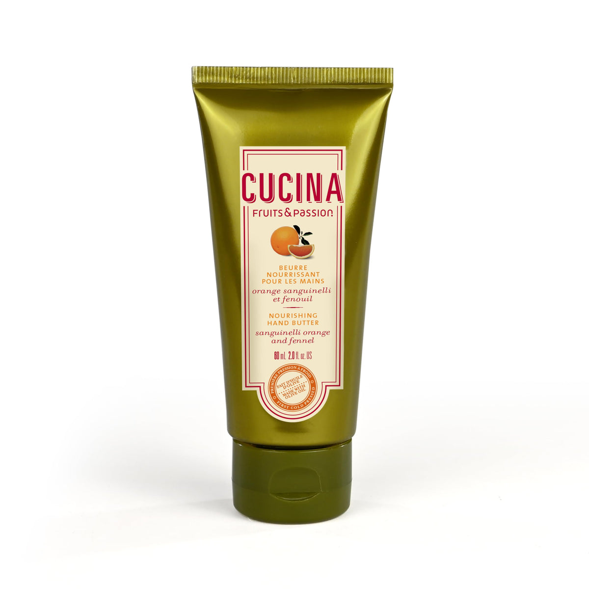 Cucina Nourishing Hand Butter by Fruits & Passion, Sanguinelli Orange & Fennel, 60 ml – Olive Oil Enriched Hand Cream, Non-Greasy Moisturizing Care, Made in Canada