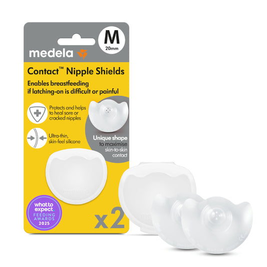 Medela Contact Nipple Shields for Breastfeeding, 20 mm, Food Grade Silicone, Designed to Protect Cracked or Sore Nipples and Support with Latch-On, Made Without BPA, Pack of 2