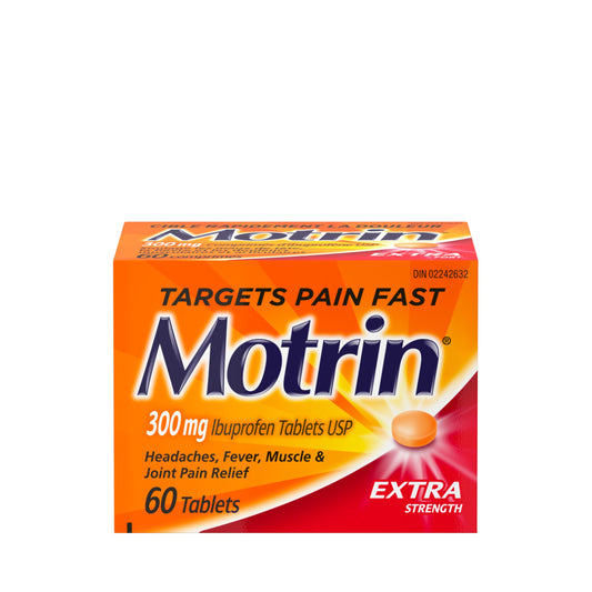 Motrin Ibuprofen, Extra Strength Tablets, Pain Reliever for Menstrual Pain, Back Pain, 300mg, 60 Tablets, orange