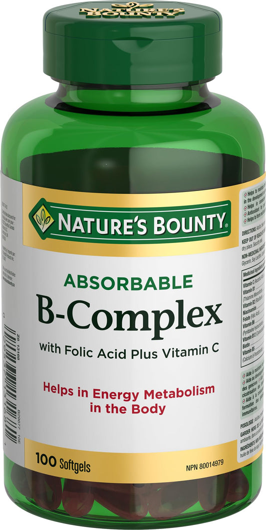 Nature's Bounty B Complex with Folic Acid plus Vitamin C, Helps Metabolize Carbohydrates, 180 Softgels