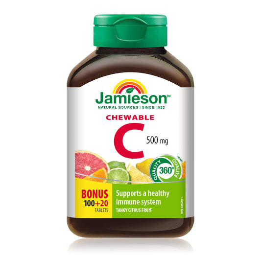 Jamieson Chewable Vitamin C 500 mg - Citrus Fruit Flavour, 120 Count (Pack of 1)[packing may vary]