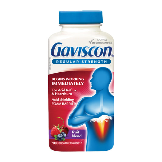 Gaviscon Regular Strength Tablets - 100 Count - Chewable Foaming Antacid Tablets for Day and Night Heartburn Relief, Acid Reflux and GERD Relief, Fruit Blend - Free of Aluminum, Lactose and Gluten