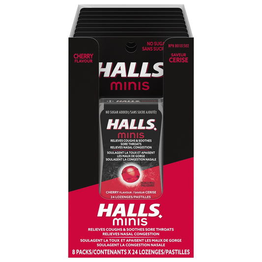 HALLS Minis No Sugar Added, Cherry Flavour Cough Drops, Throat Lozenges, Sore Throat Relief, Mentho-Lyptus, 24 Lozenges, Prepared in Canada