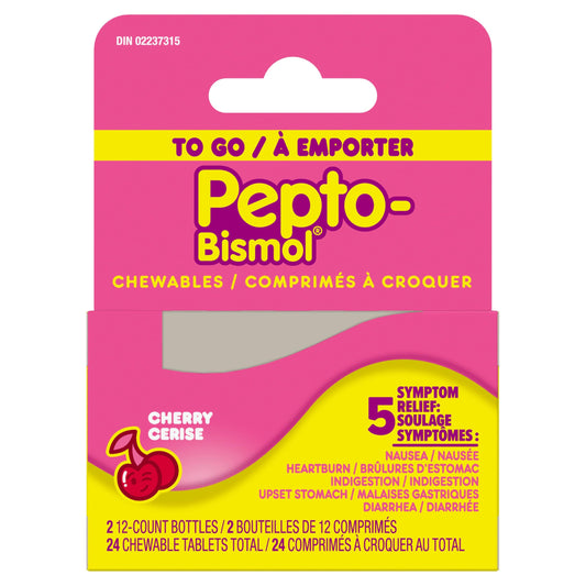 Pepto Bismol To Go, Upset Stomach Relief, Diarrhea Relief, Heartburn, Nausea, Indigestion, Upset Stomach, Cherry Flavour, 24 Count