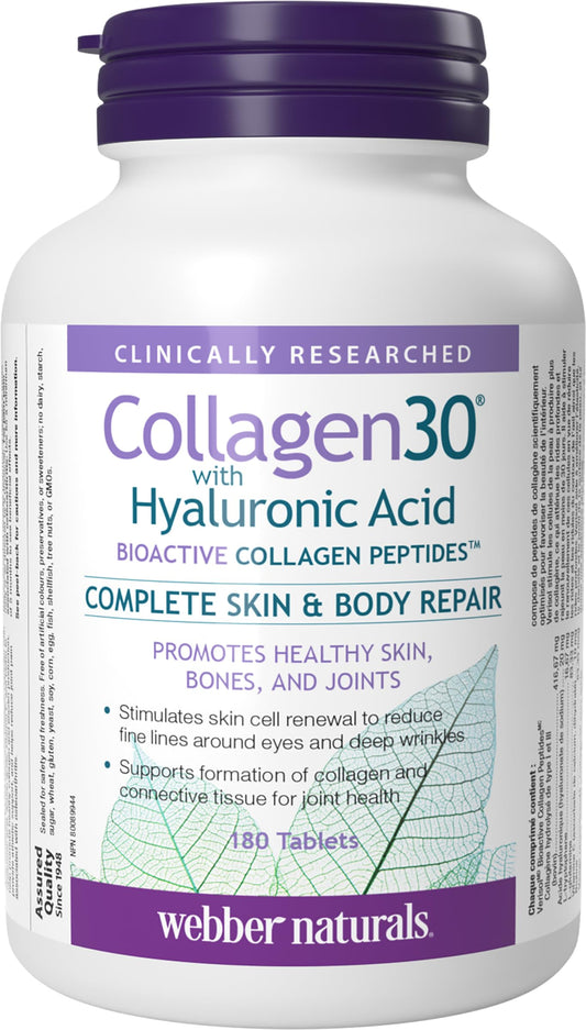 Webber Naturals Collagen30 with Hyaluronic Acid, Bioactive Collagen Peptides, 180 Tablets, Helps Reduce Joint Pain, Eye Wrinkles and Fine Facial Line