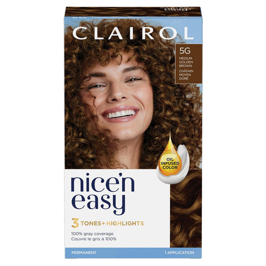 Clairol Nice'n Easy Permanent Hair Dye, 5G Medium Golden Brown | 100% Grey Coverage | Long‑Lasting, Natural‑Looking Colour & Shine |Pack of 1