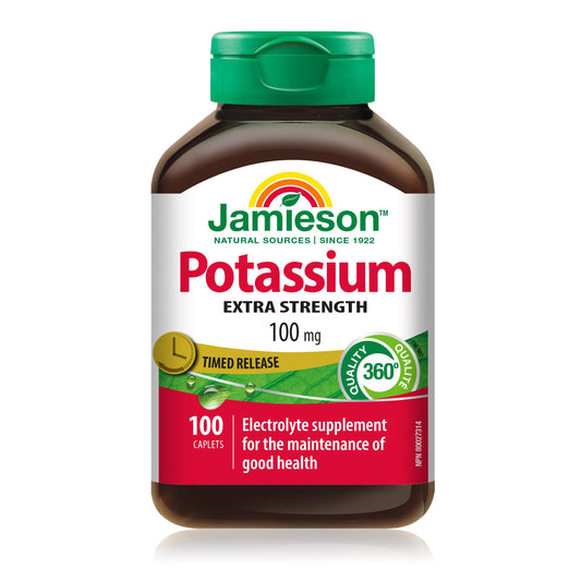 Jamieson Extra Strength Potassium 100 mg Timed Release, Supports Muscle and Nerve Function, Electrolyte Support, and Helps Prevent Potassium Deficiency. Vegetarian, Gluten-Free, 100 Caplets, Proudly Canadian