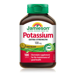 Jamieson Extra Strength Potassium 100 mg Timed Release, Supports Muscle and Nerve Function, Electrolyte Support, and Helps Prevent Potassium Deficiency. Vegetarian, Gluten-Free, 100 Caplets, Proudly Canadian