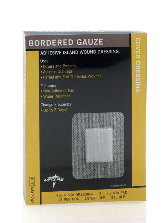Medline Bordered Gauze Adhesive Island Wound Dressing, 4" x 5" with 2.5" x 2.5" Pad, 15 Per Box