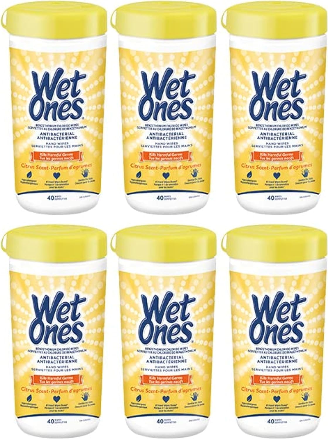Wet Ones Antibacterial CitrusScent Hand Wipes| Travel | Hand Sanitizer Wipes, Travel Essentials, 40‑Count Canisters, Pack of 6
