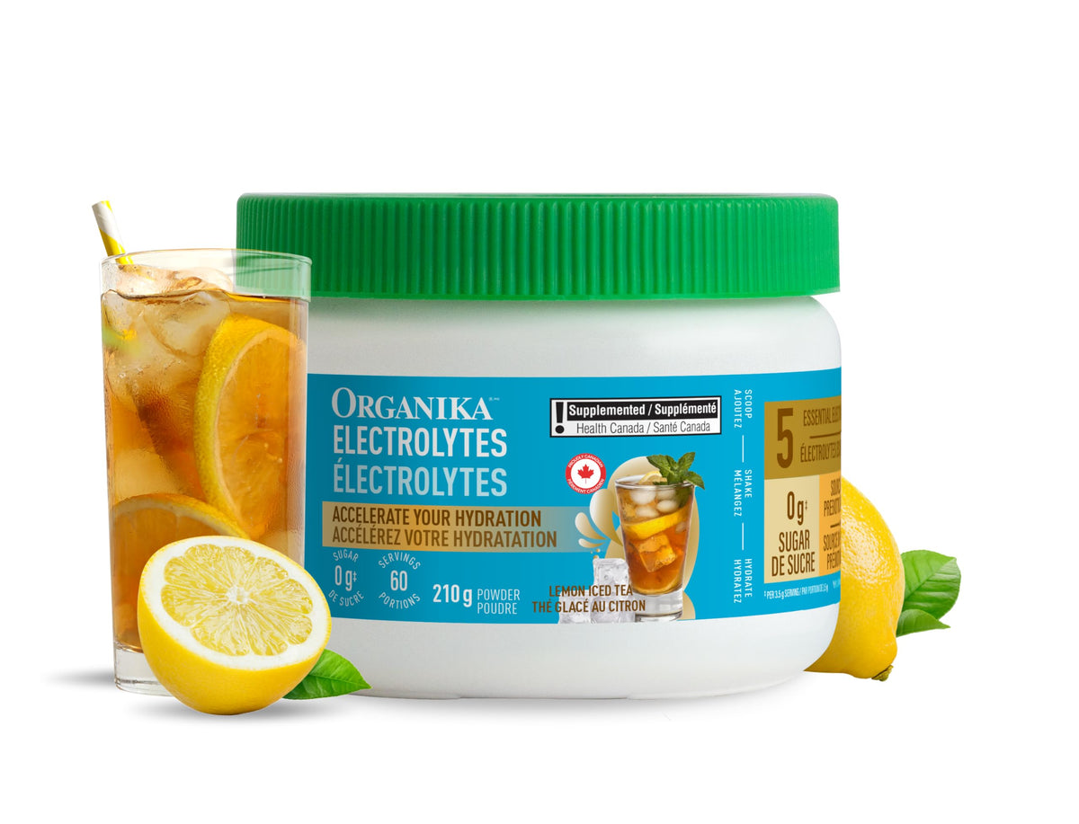 Organika Canadian-Made Electrolytes Powder- Lemon Iced Tea- Sugar-Free Hydration and Electrolyte Replenishment with Prebiotics and Vitamin C- 210g - 60 servings