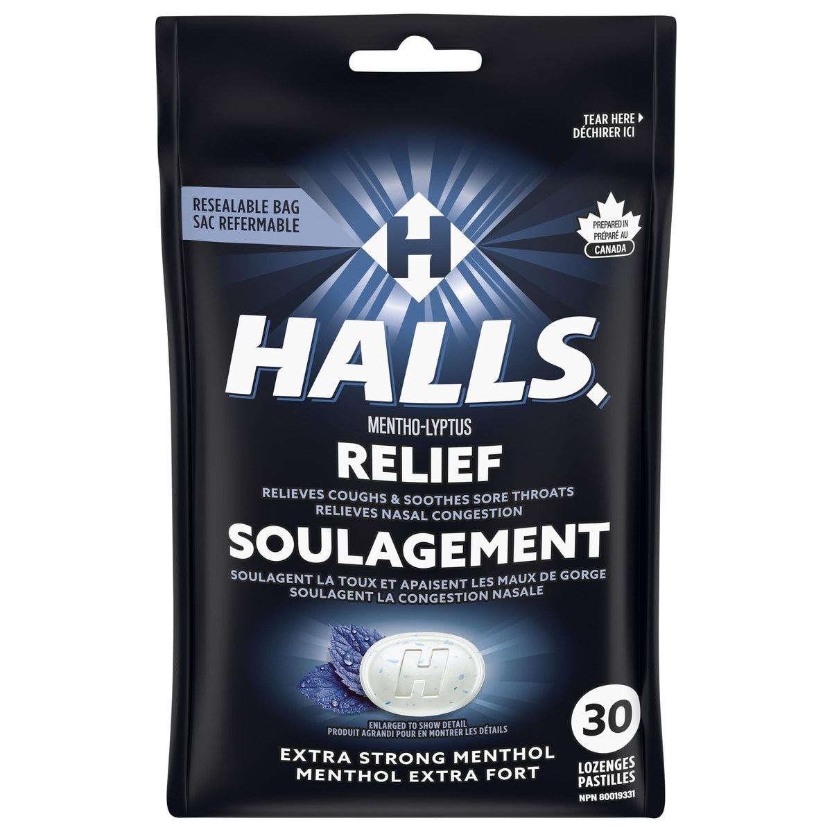 HALLS Extra Strong, Cough Drops, Throat Lozenges, Sore Throat Relief, Mentho-Lyptus, 30 Lozenges, Prepared in Canada