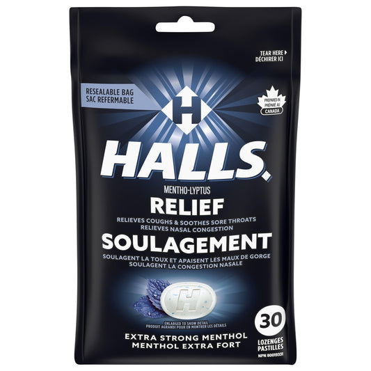 HALLS Extra Strong, Cough Drops, Throat Lozenges, Sore Throat Relief, Mentho-Lyptus, 30 Lozenges, Prepared in Canada