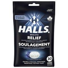 HALLS Extra Strong, Cough Drops, Throat Lozenges, Sore Throat Relief, Mentho-Lyptus, 30 Lozenges, Prepared in Canada