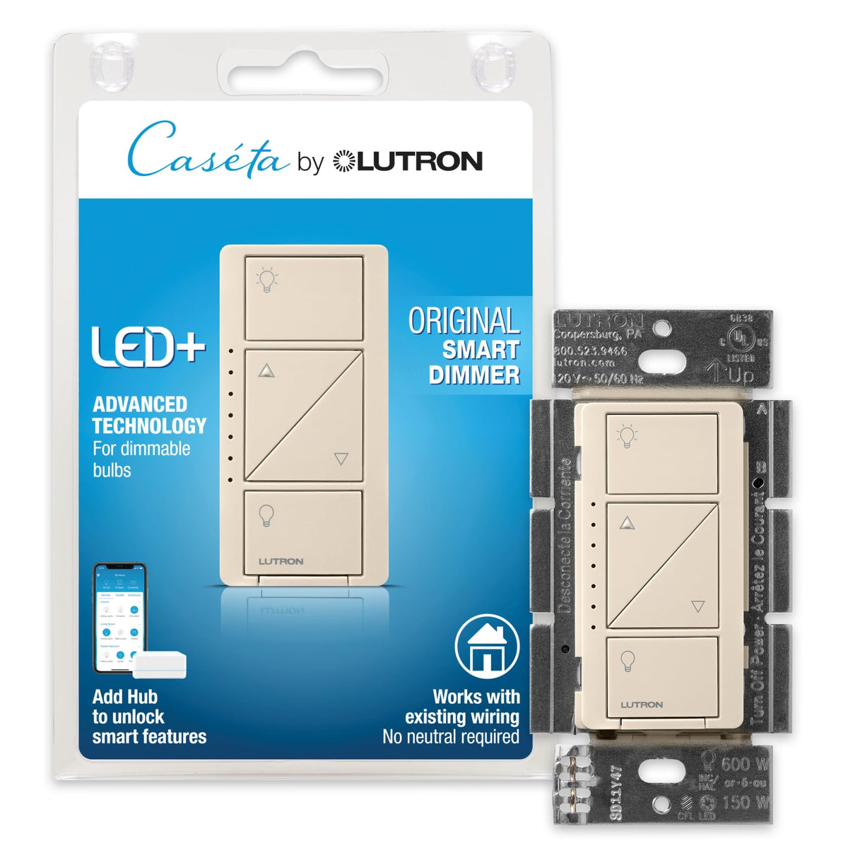 Lutron PD-6WCL-LA Caseta Wireless 600/150-Watt Single Pole In-Wall Dimmer, Light Almond