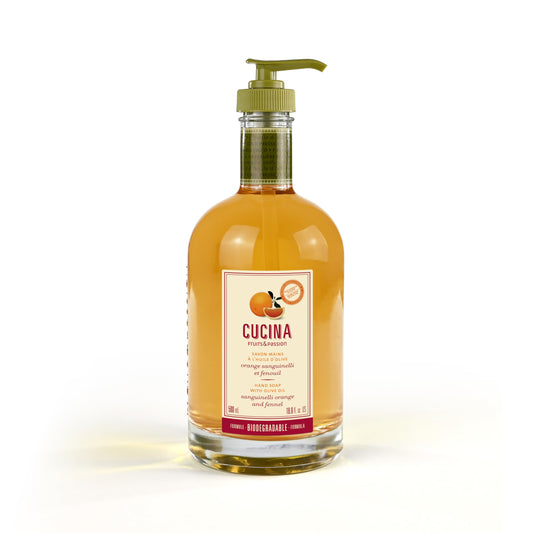 Cucina Hand Soap with Olive Oil, Sanguinelli Orange and Fennel, 500 mL, Biodegradable Formula, Glass Bottle, Fruits & Passion