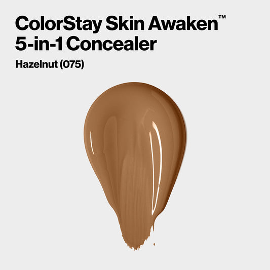 Revlon ColorStay Skin Awaken 5-in-1 Concealer, Lightweight, Creamy Longlasting Face Makeup with Caffeine & Vitamin C, For Imperfections, Dark Circles & Redness, 075 Hazelnut, 0.27 fl oz/ 8ml
