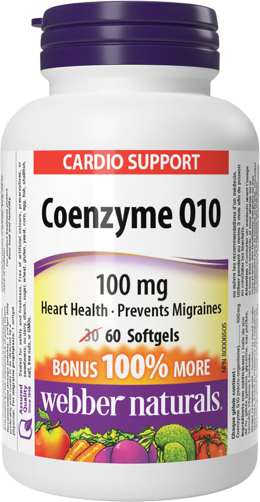 Webber Naturals Coenzyme Q10 (CoQ10) 100 mg, 60 Softgels, High Potency Antioxidant, For Heart Health, Cellular Energy Production, and Migraine Support