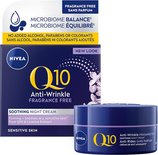 NIVEA Q10 Anti-Wrinkle + Fragrance Free Night Cream for Sensitive Skin | Night face moisturizer | 50mL