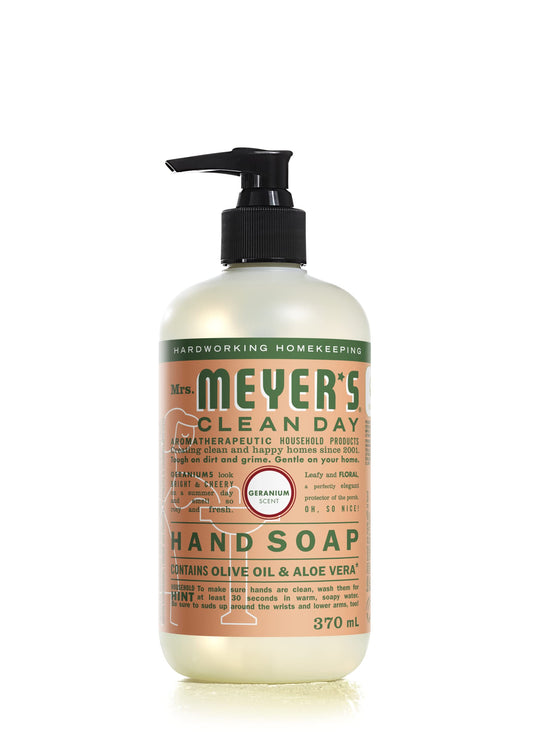 Mrs. Meyer's Clean Day Liquid Hand Soap, Geranium, Cruelty Free and Biodegradable Hand Wash Made with Essential Oils, 370 ml Soap Pump Bottle