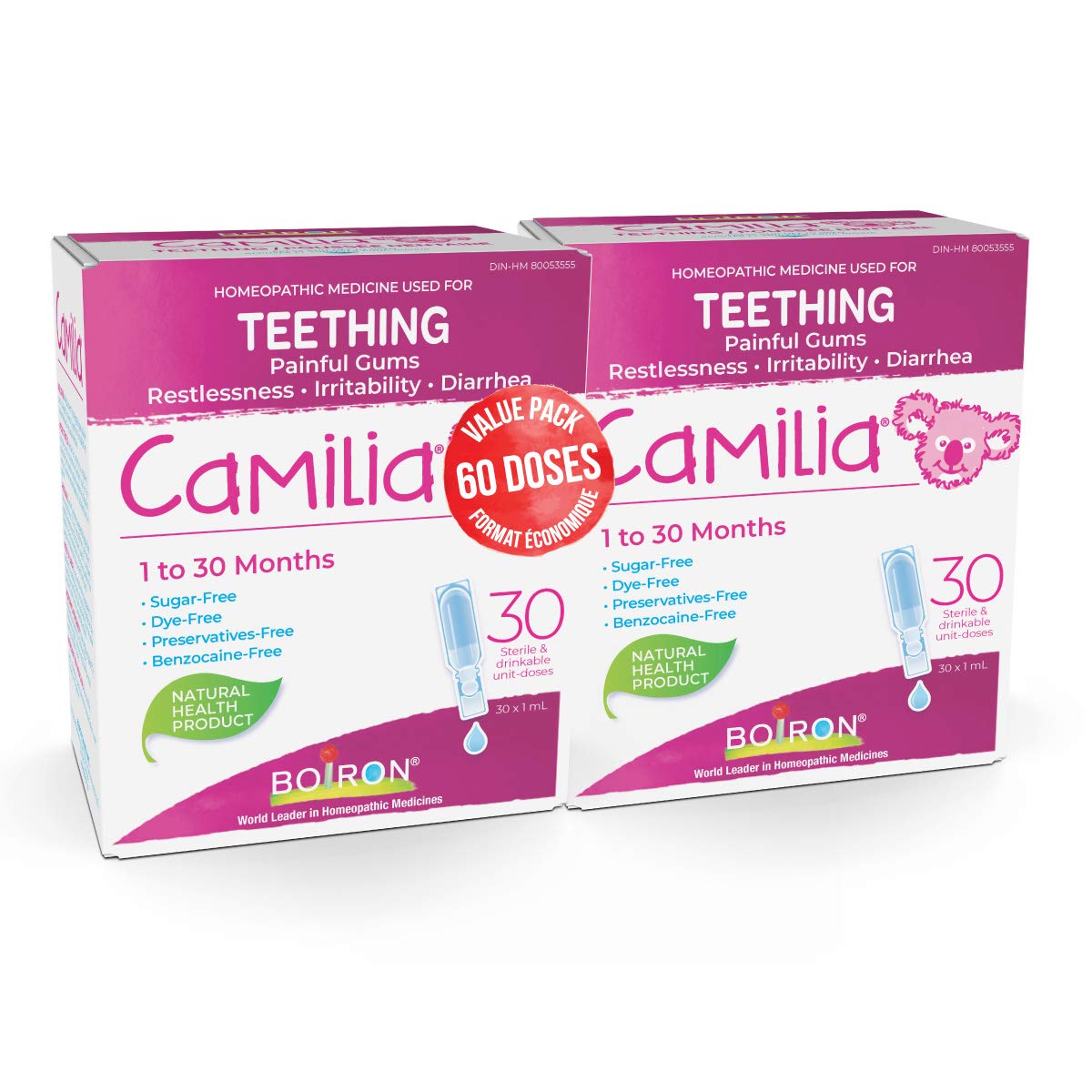 Boiron Camilia Baby Teething Relief Medicine, 60 unit-doses (twin pack). Camilia relieves pain, restlessness, irritability and diarrhea due to teething. Benzocaine-Free and Preservative-Free with Natural Active Ingredient,No Sugar, No Dye. 1 to 30 months