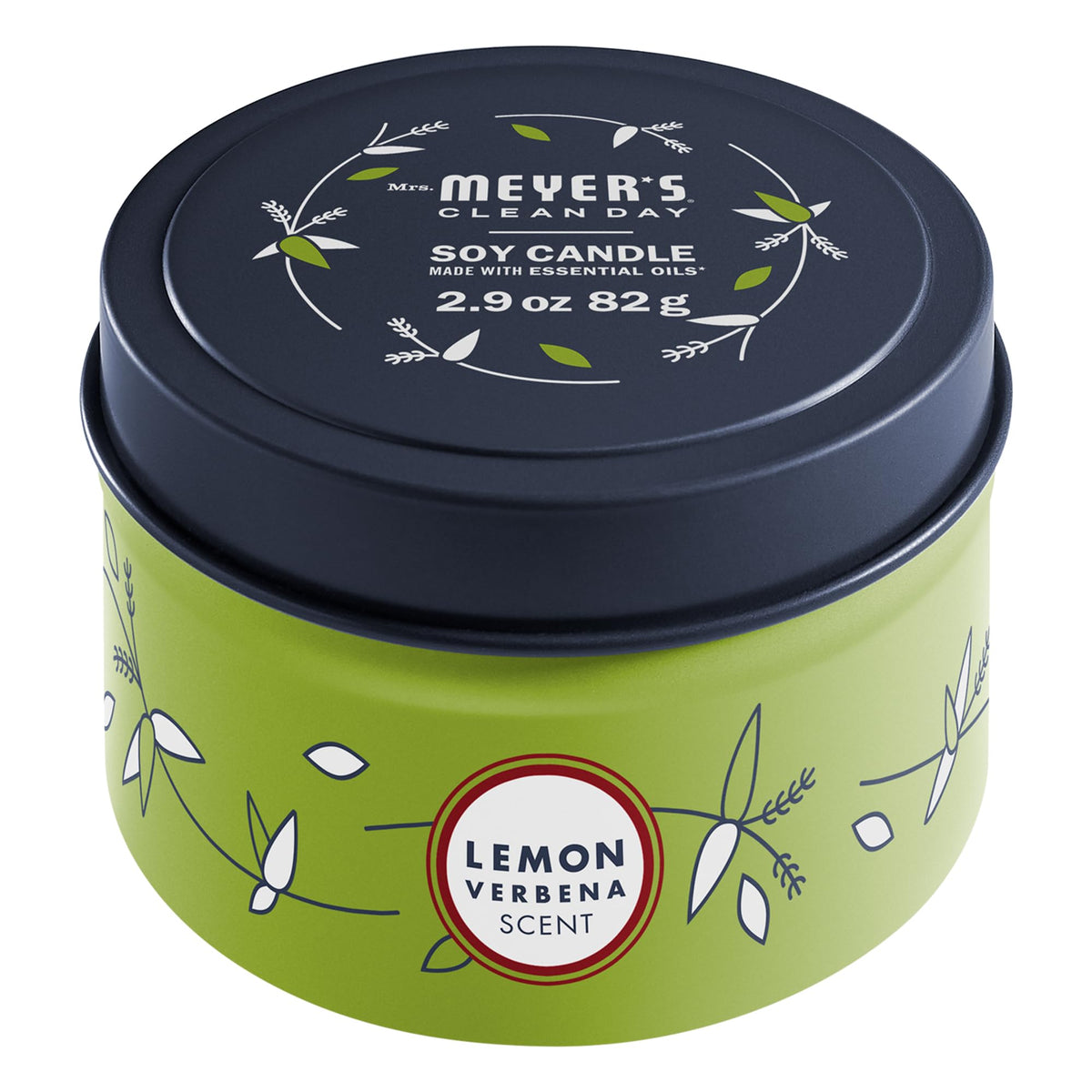 MRS. MEYER'S Clean Day Soy Tin Candle, 12 Hour Burn Time, Made with Soy Wax and Essential Oils, Lemon Verbena, 2.9 oz