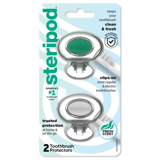 Steripod Clip-On Toothbrush Protector, Clear Blue and Clear Green, 2 Count