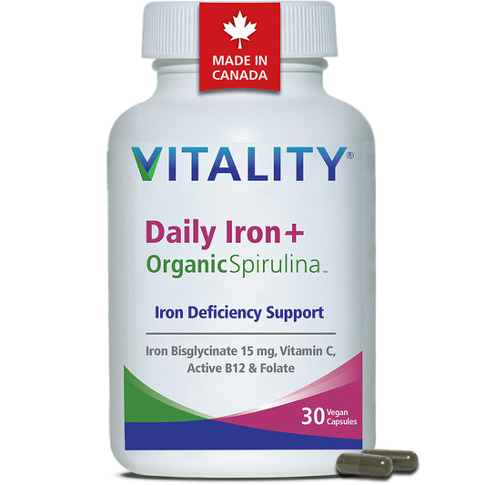 VITALITY Daily Iron Supplements 15mg - Gentle Iron Bisglycinate with Vitamin C, B12 & Folate, Complete Blood Builder for Sensitive Stomachs, 30 Vegan Capsules