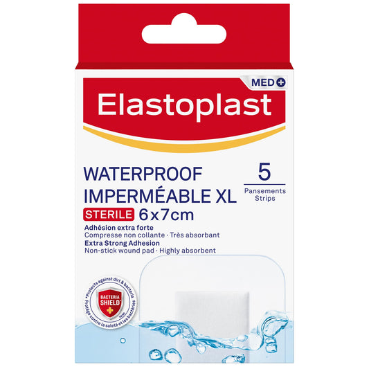 ELASTOPLAST XL Waterproof Bandages, Large Bandages for Post-Operative and Everyday Acute Wound Care, Extra Skin-Friendly Sterile Dressings, Bacteria Shield, First Aid Supplies, 5 Strips