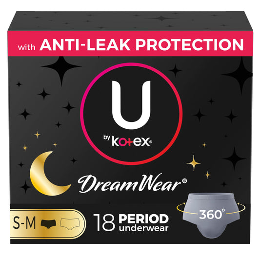 U by Kotex Dreamwear Overnight Period Underwear for Women, Disposable, Small/Medium, 18 Count (3X6)