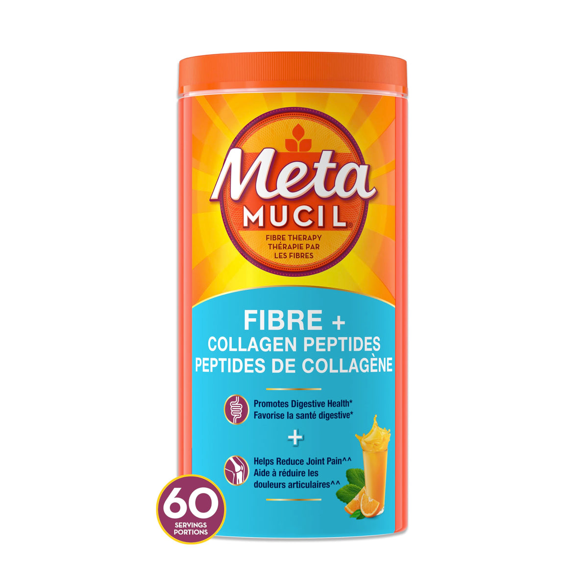 Metamucil Daily Fibre + Collagen Peptides, Psyllium Husk Powder, Plant Based Sugar-Free with Stevia, Orange Flavoured, 60 Servings (564 g)