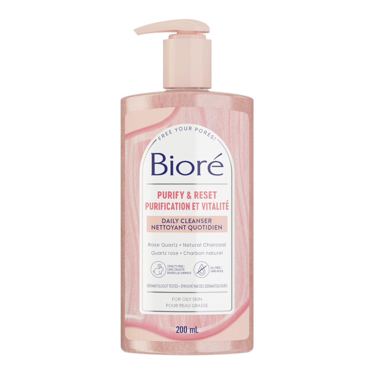 Bioré Rose Quartz + Charcoal Daily Purifying Cleanser, Face Wash for Oily Skin (200 mL) | Made in Canada