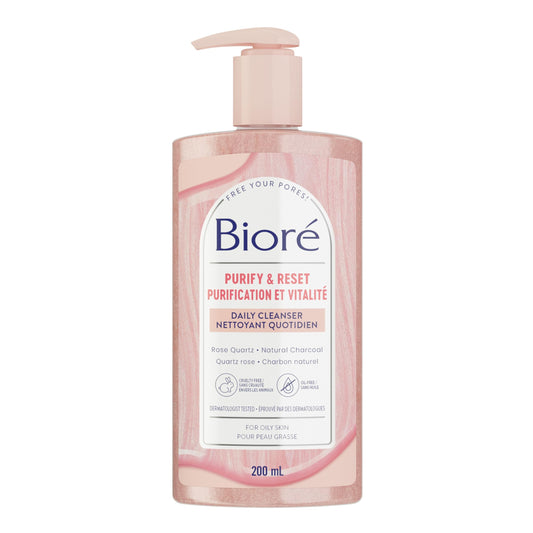 Bioré Rose Quartz + Charcoal Daily Purifying Cleanser, Face Wash for Oily Skin (200 mL) | Made in Canada