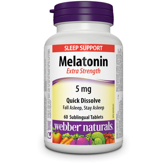 Webber Naturals Melatonin 5 mg Extra Strength, 60 Quick Dissolve Tablets, For Sleep Support, Vegetarian