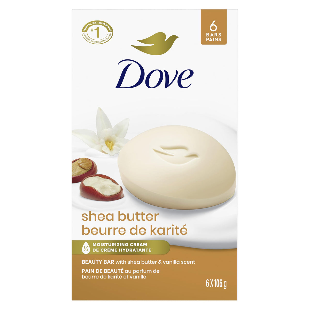 Dove Beauty Bar Soap for Nourished, Radiant Skin, Shea Butter, Enriches Skin, 106g 6 count