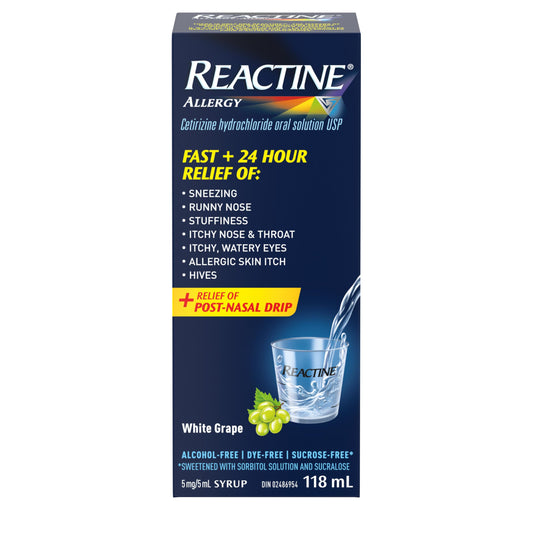 Reactine Liquid Allergy Medicine - For Itchy Eyes, Hives, Runny Nose - 24 Hour Allergy Relief - White Grape Flavour, 118 mL