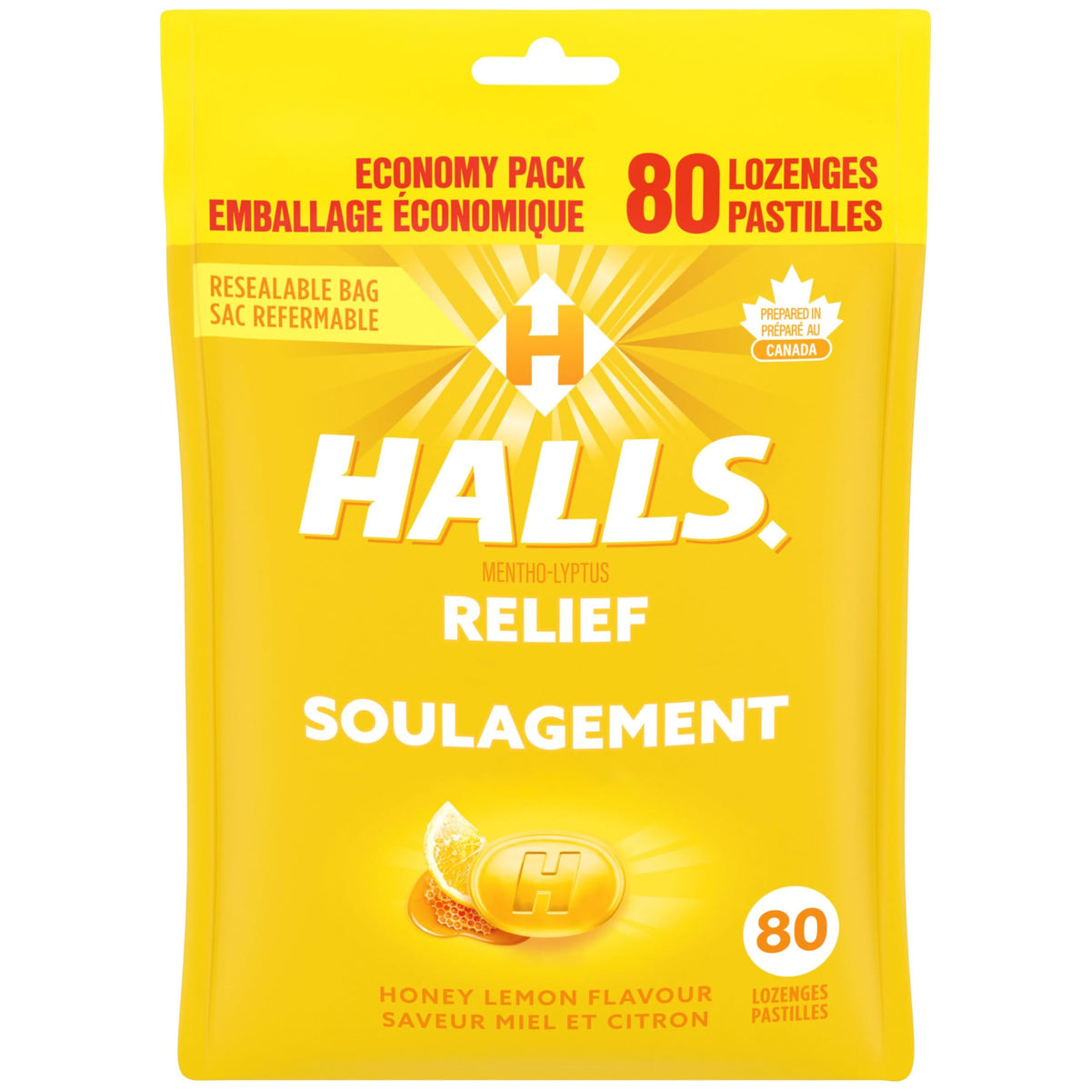 HALLS Honey Lemon Flavour Cough Drops, Throat Lozenges, Sore Throat Relief, Mentho-Lyptus, 80 Lozenges, Prepared in Canada