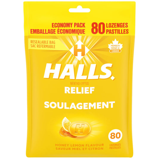 HALLS Honey Lemon Flavour Cough Drops, Throat Lozenges, Sore Throat Relief, Mentho-Lyptus, 80 Lozenges, Prepared in Canada