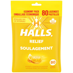 HALLS Honey Lemon Flavour Cough Drops, Throat Lozenges, Sore Throat Relief, Mentho-Lyptus, 80 Lozenges, Prepared in Canada