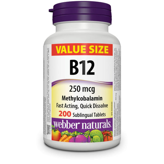 Webber Naturals Vitamin B12 250 mcg, Quick Dissolve, 200 Tablets, Natural Cherry Flavour, Supports Energy Production and Metabolism